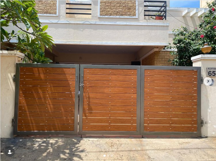 Stainless steel and wood entrance gate